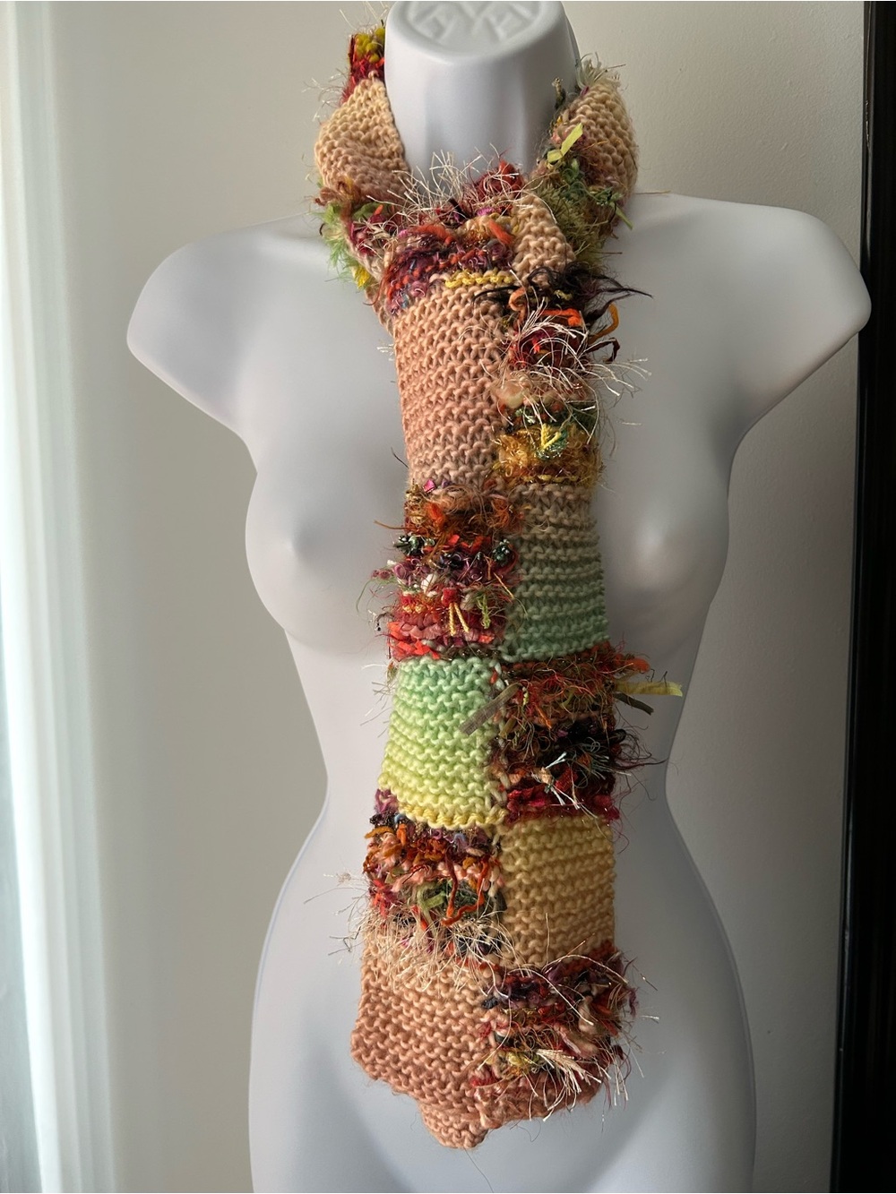 Hand Crafted Peach and Green Hand-Knit Fringe Scarf